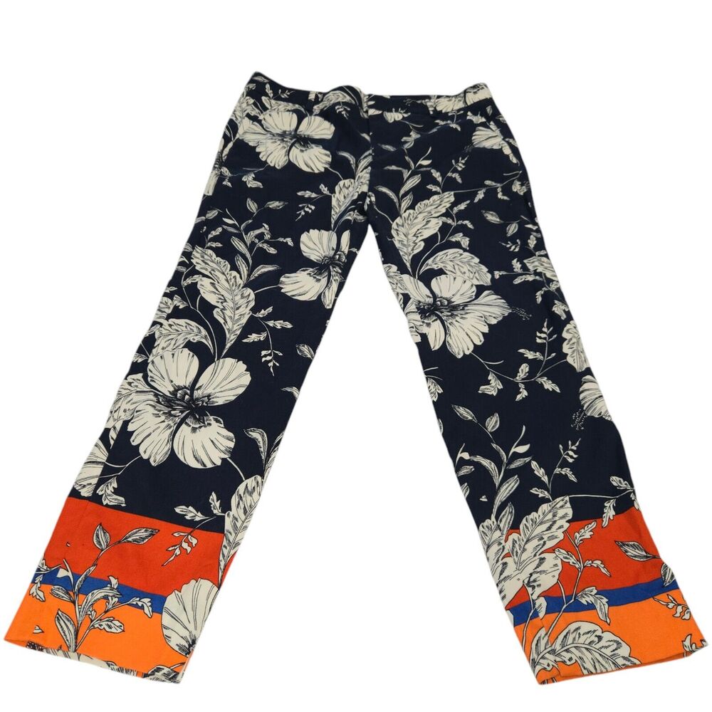 Zara‎ Womens Size 6 Pants Stretch Navy Tropical Floral Color Block Cropped Ankle - Picture 5 of 14